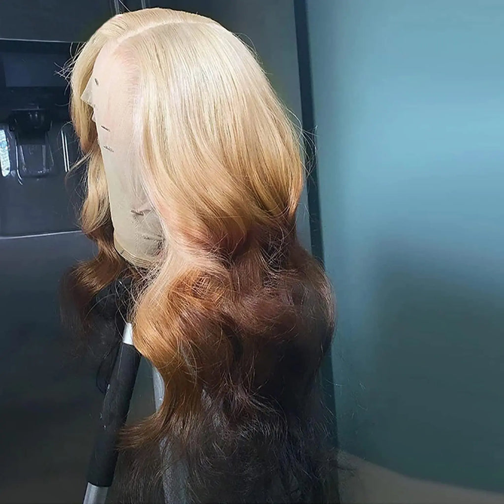 Ombre Colored Lace Front Wig Synthetic Brown Wig Blonde 613 Roots With Black Ends Body Wave Transparent Lace Frontal Wig Cosplay