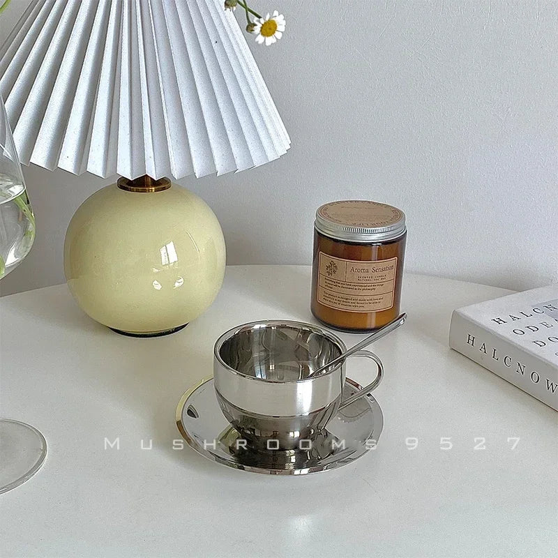 British Style 304 Stainless Steel Coffee Cup Dish Spoon Industrial Style European Three Piece Latte Cup Concentrated Milk