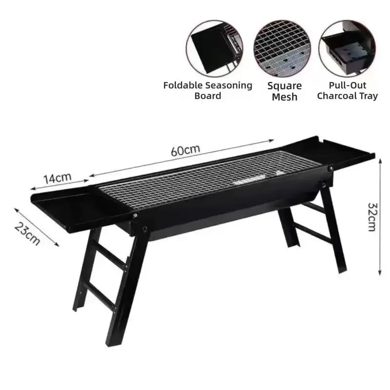 Folding Stainless Steel BBQ Charcoal Grill With 2 Side Trays Portable Camping Hiking Barbecue Accessory