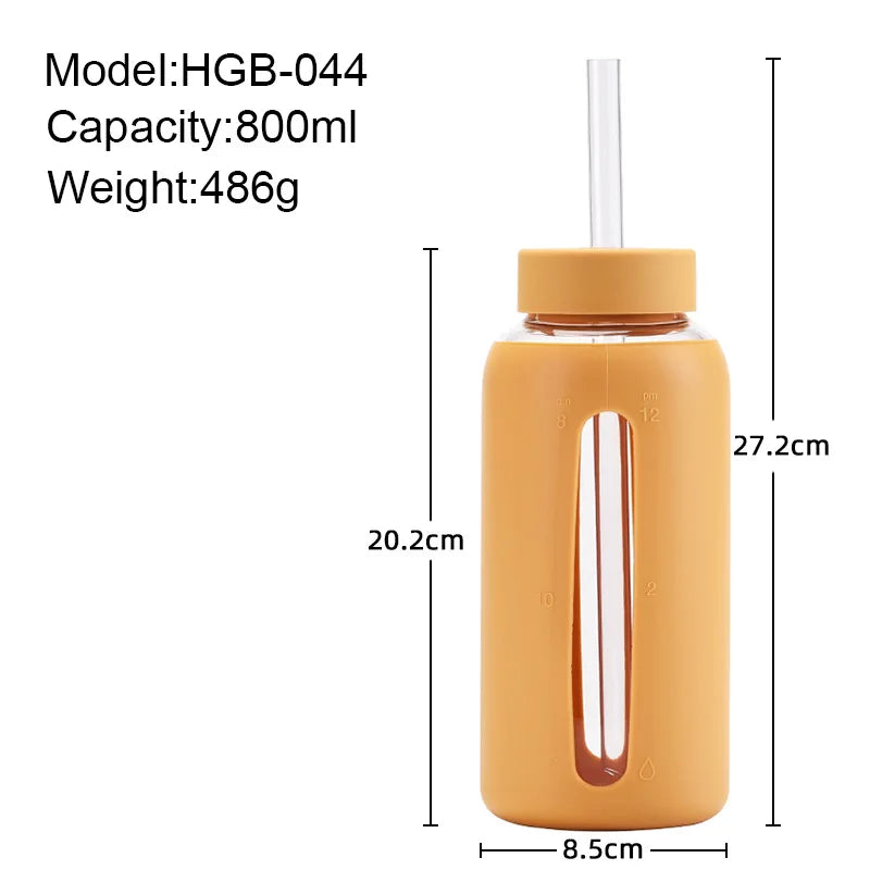 800ml Large Capacity Single-layer Glass Cup with Silicone Sleeve,Time Scale And Straw,Portable Drinkware,Outdoor Water Bottle