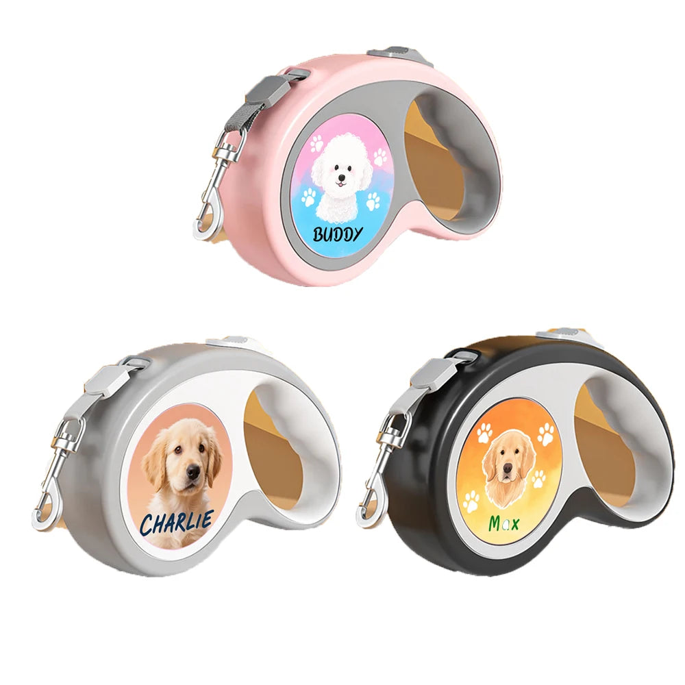 Custom Retractable Dog Leash with Personalized Avatar & Name Durable, Easy-to-Use Pet Walking Leash 3/5M Automatic Expandable