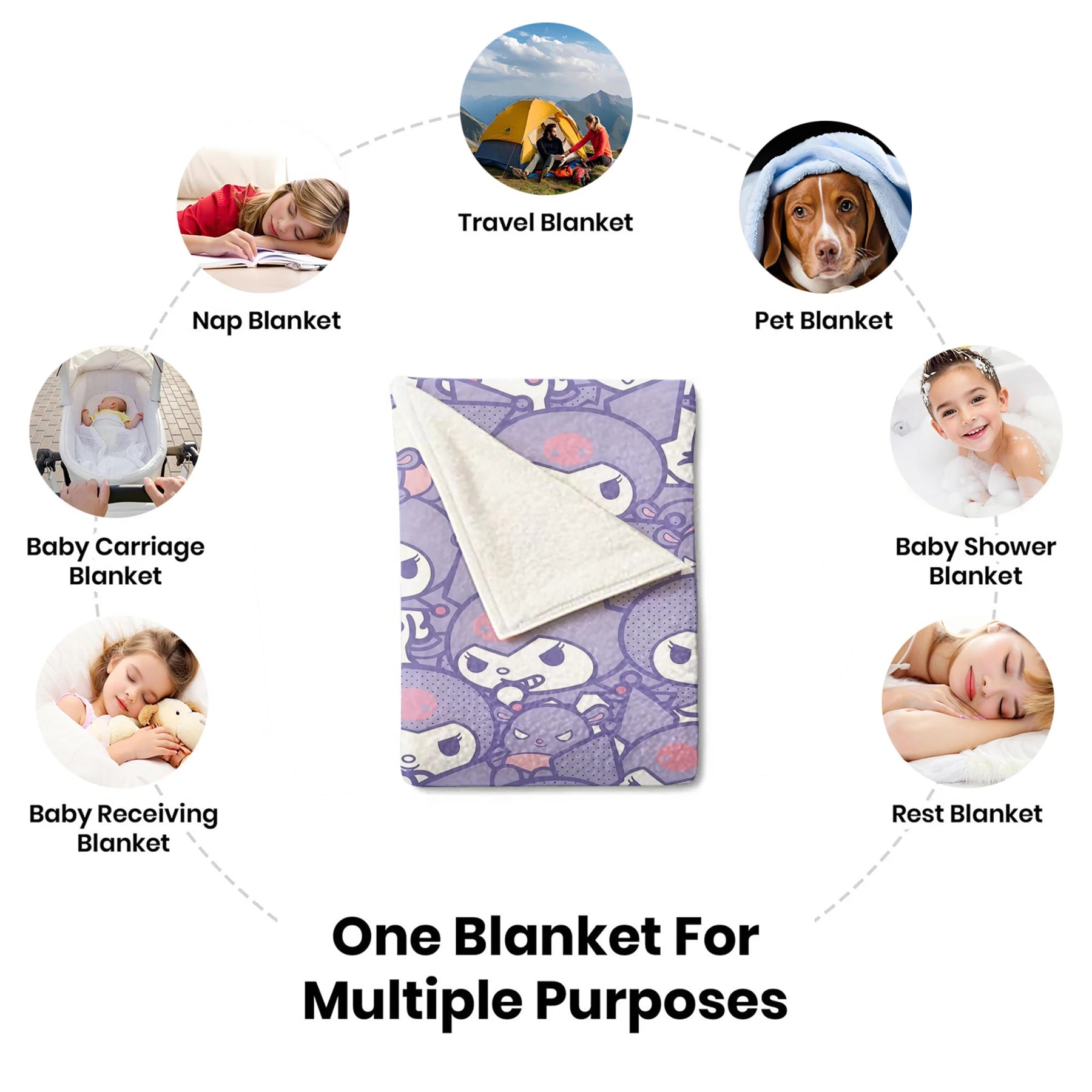 Kuromi Allover Print Flannel Blanket Lavender Purple Kawaii Pattern Soft Plush Throw for Bed Sofa Sanrio Character All Season