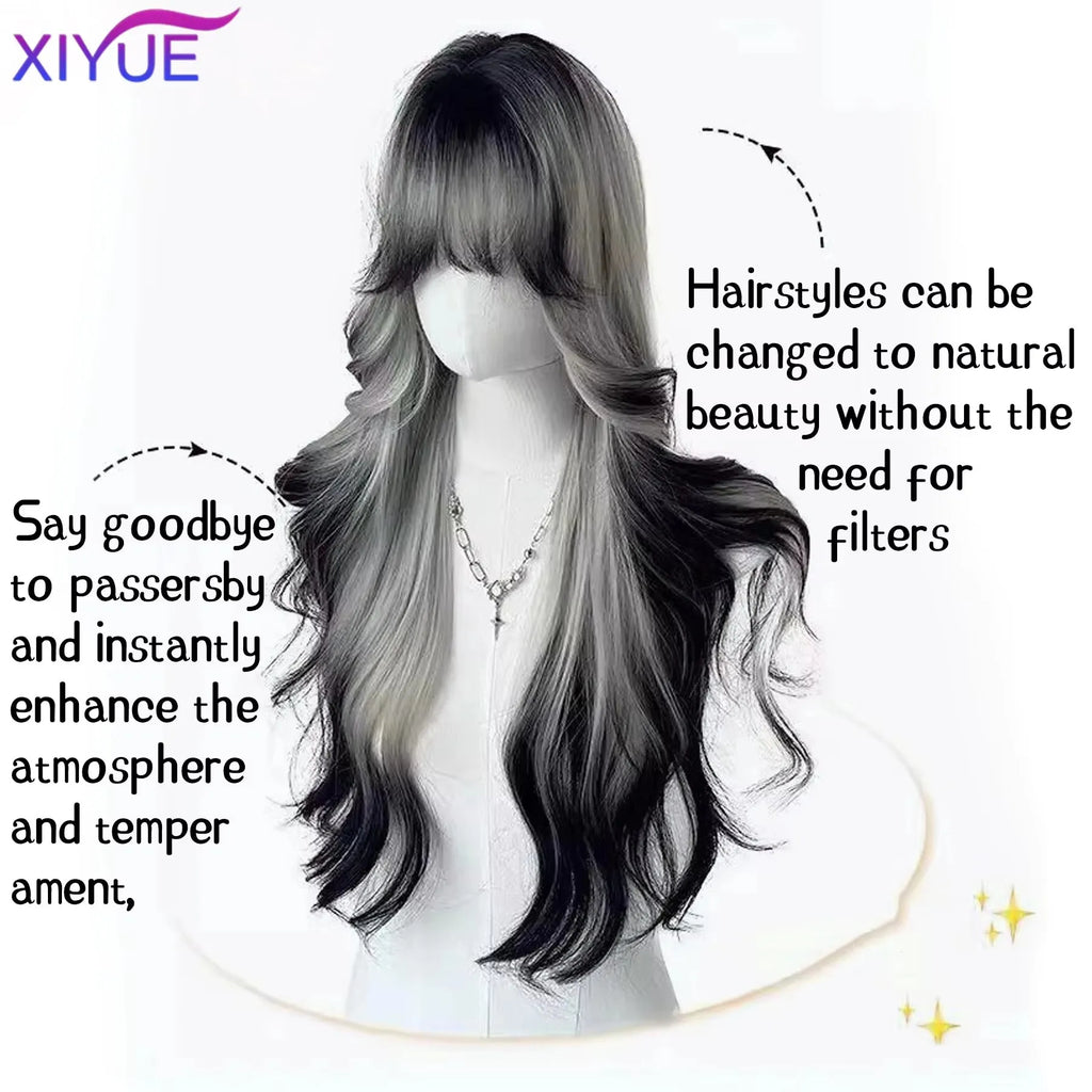 synthetic Long Body Wave Black And Gray Gradient Cosplay Wigs Heat Resistant Synthetic Wigs Bangs Natural Lolita Wigs For Women