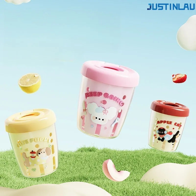 JUSTINLAU Macaron Fruit Cup Breakfast Salad Cup with Lid Double Layered Drip Cup Fruit Cup Forked Cup Suitable for Picnic Use