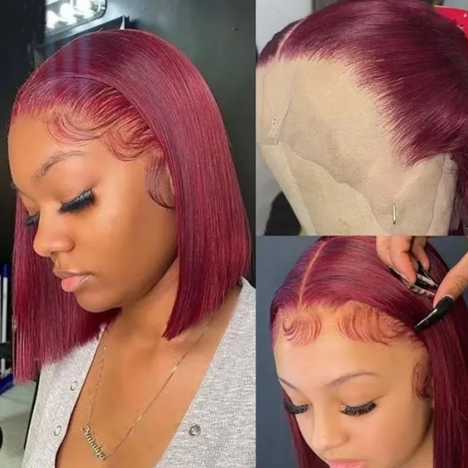 99J Burgundy Human Hair Wig Bob13x4 Straight Lace Frontal 100% Human Hair Brazilian Short Bob Wigs For Women Wine Red Lace Fron
