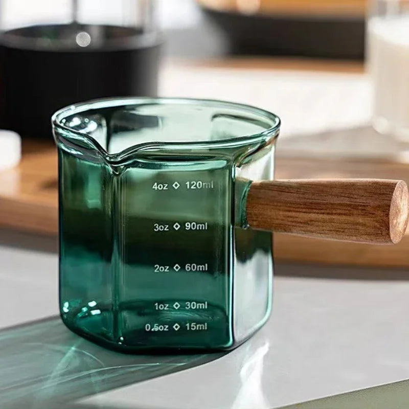 JUSTINLAU 120ML Coffee Extraction Cup High Borosilicate Glass Espresso Cups Single Mouth with Scale Wooden Handle Measuring Mugs