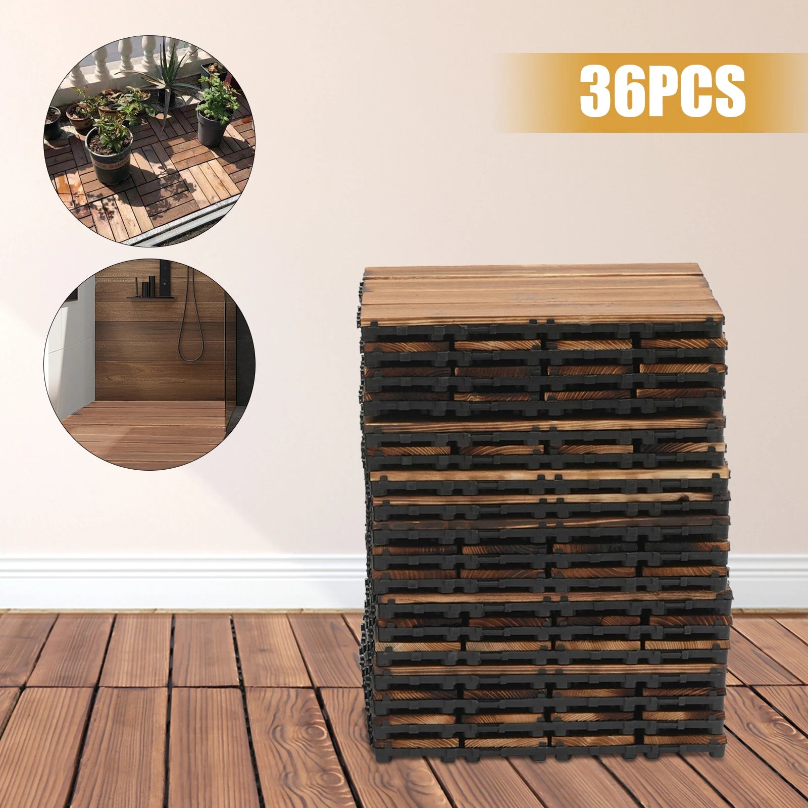 36Pcs/Set 30x30cm Wooden Balcony Patio Tiles, Indoor Outdoor Interlocking Non-slip Waterproof Flooring Deck Tile Pavers Brown