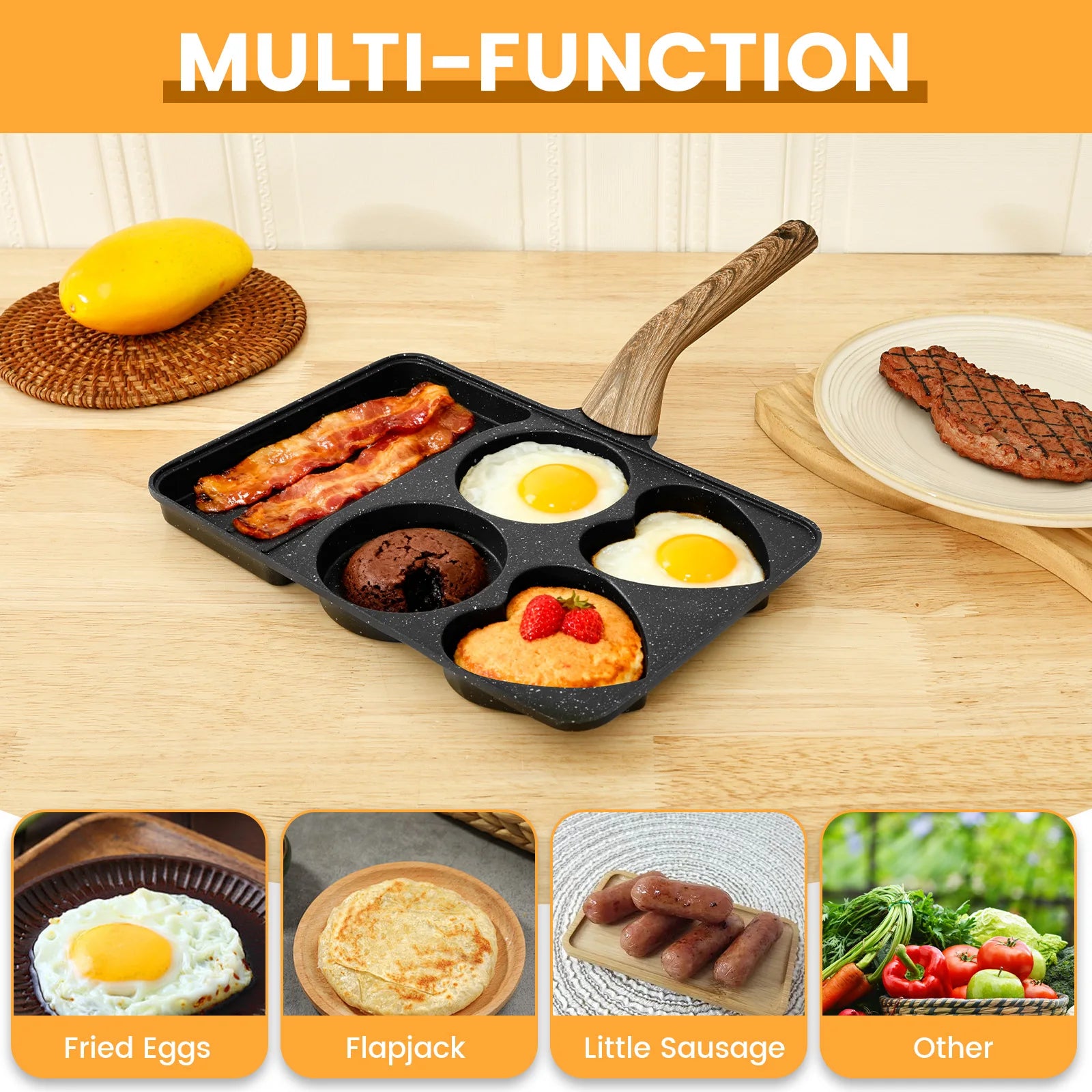 Maifanstone 5 in 1 Non Stick Egg Frying Pan Rapid Heating Omelette Frying Pan with 5 Compartment Uniform Heating for Breakfast