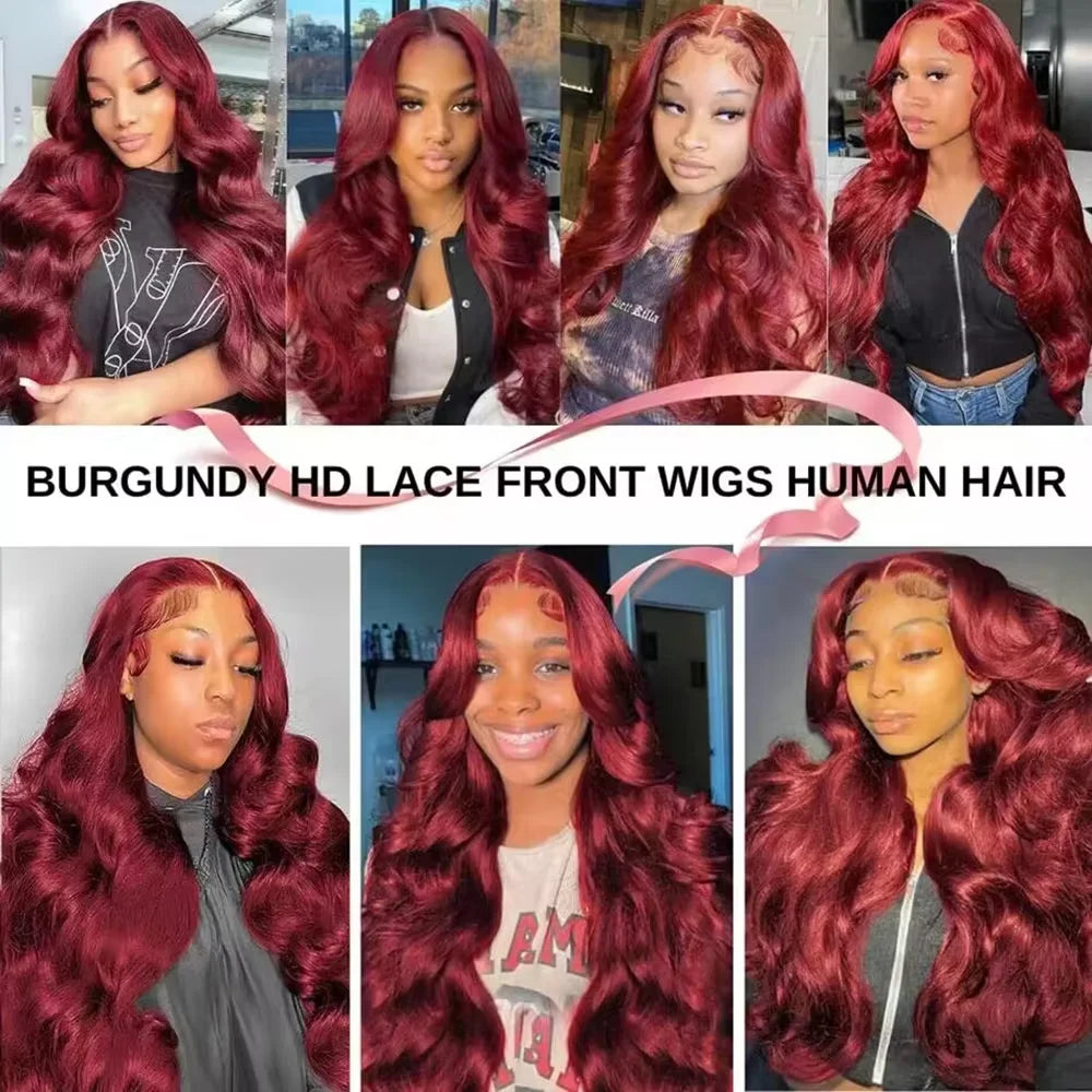 250% Density 99j burgundy 13x6 Lace Front Human Hair Body Wave 13x4 30 36 Inch Red Colored Lace Frontal Wigs Brazilian For Women