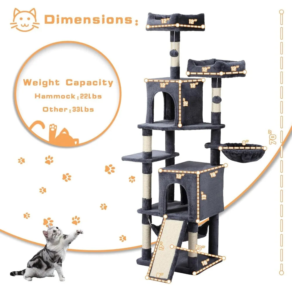 Large Multi-Level 70-Inch Cat Tree Tower with Hammock, Scratching Post, Condo, and Activity Center for Cats