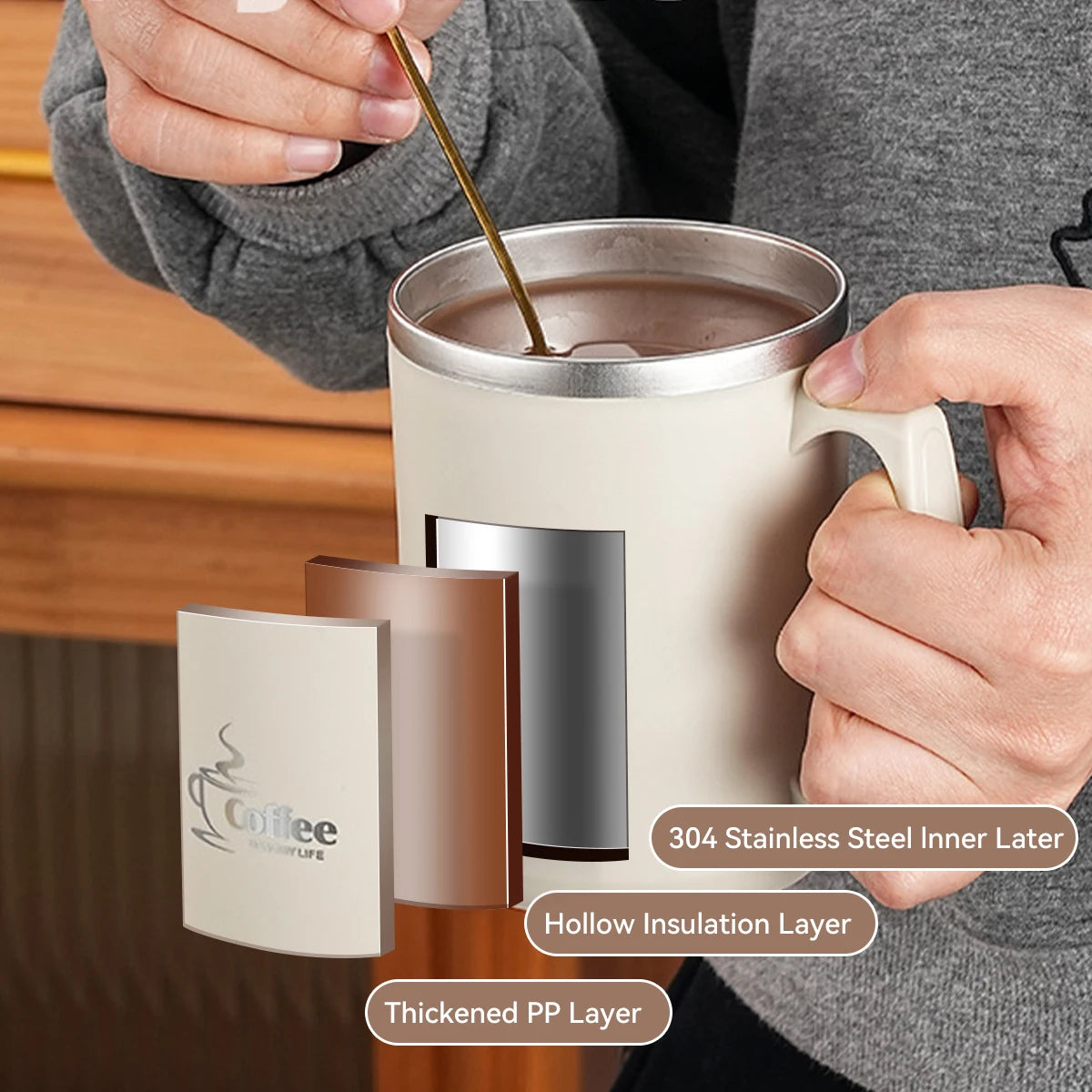 450ML Thermos Mug 304 Stainless Steel Double Wall Insulated Milk Coffee Cup With Handle & Lid Leak-proof Drinking Cup Drinkware