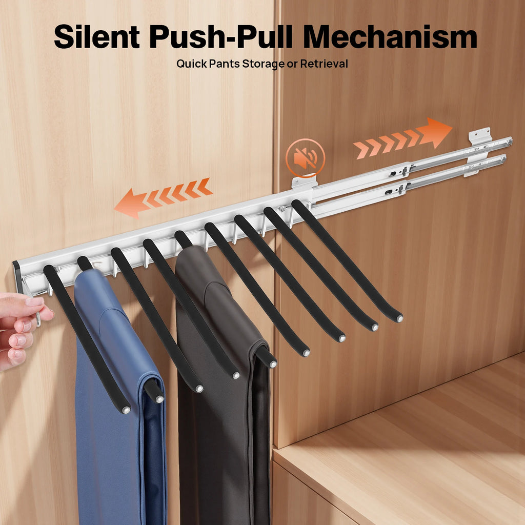 Pull Out Trousers Rack 9 Rods Retractable Wardrobe Pants Organizer Left/Right Wall Mount Space-Saving Closet Storage Rack