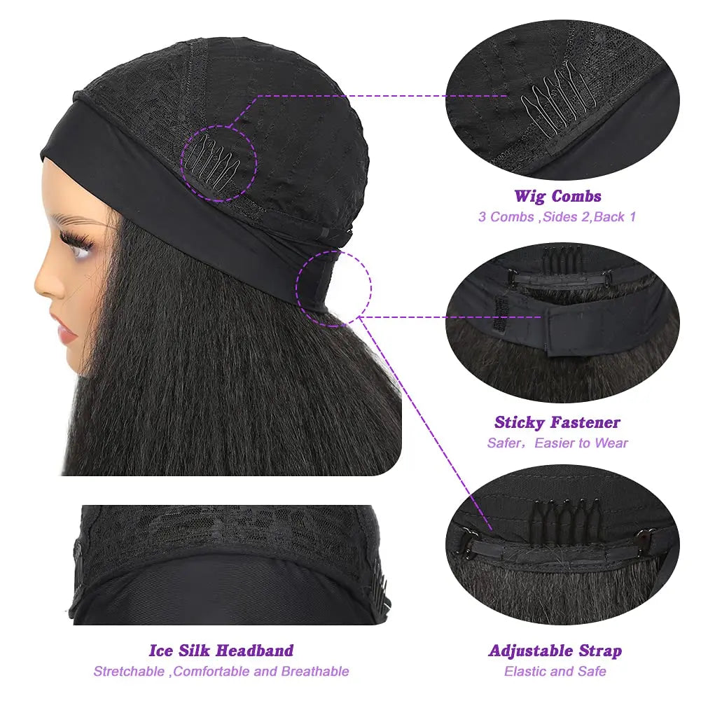 28-32Inch Synthetic Kinky Straight Headband Wig for Black Women Yaki Straight Wigs with Black Kinky Afro Wigs Daily Party Use