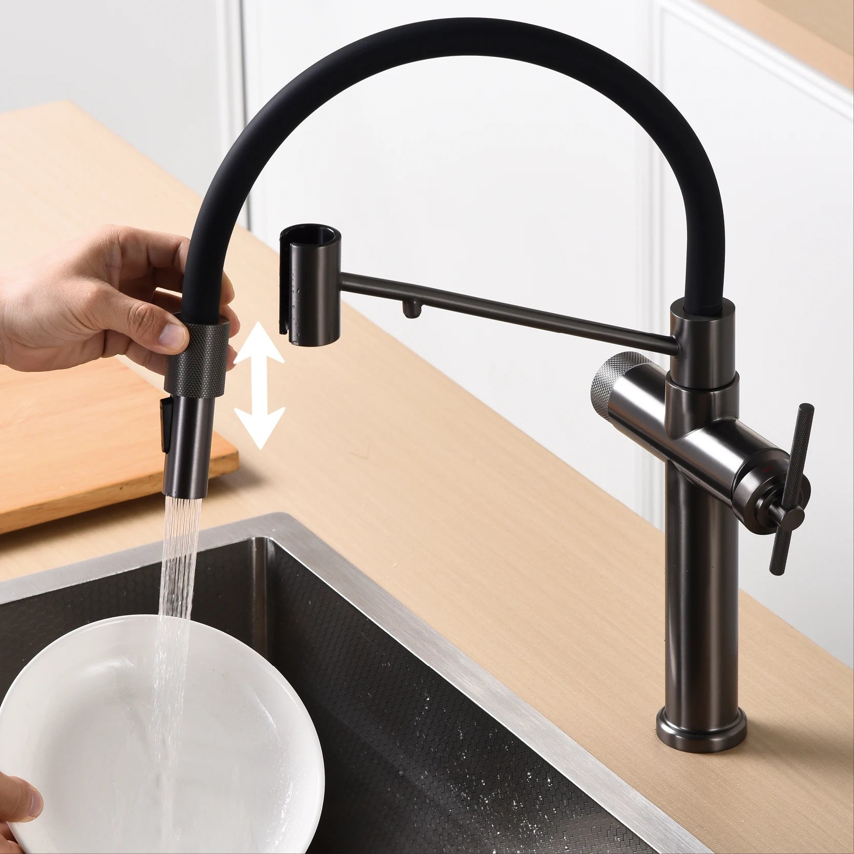 Modern Gun Grey Brass 3-in-1 single hole Kitchen faucet separate Filter Water Tap。Pull out sprayer  Hot&cold Sink mixer tap