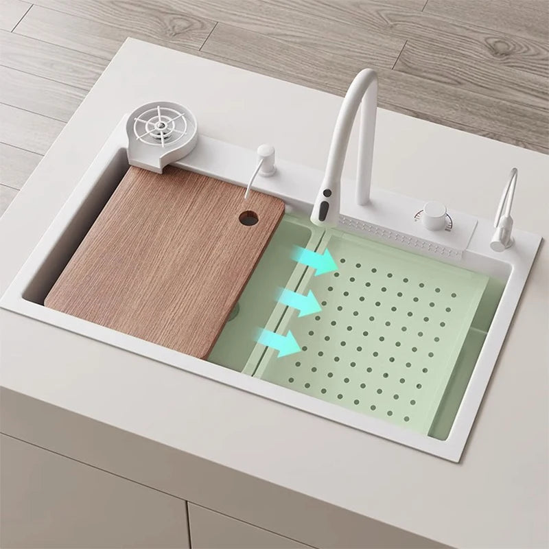 YCRAYS Nano Multifunction White Kitchen Sink Waterfall Faucet Large Single Bowl Wash Basin Cup Washer Pure Tap Soap Dispenser