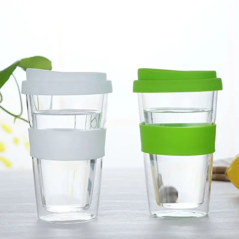 Heat Resistant Double Wall Glass Cup, Drink Water Bottle with silicone Cover and Anti scalding Sleeve, Office Handy Mug