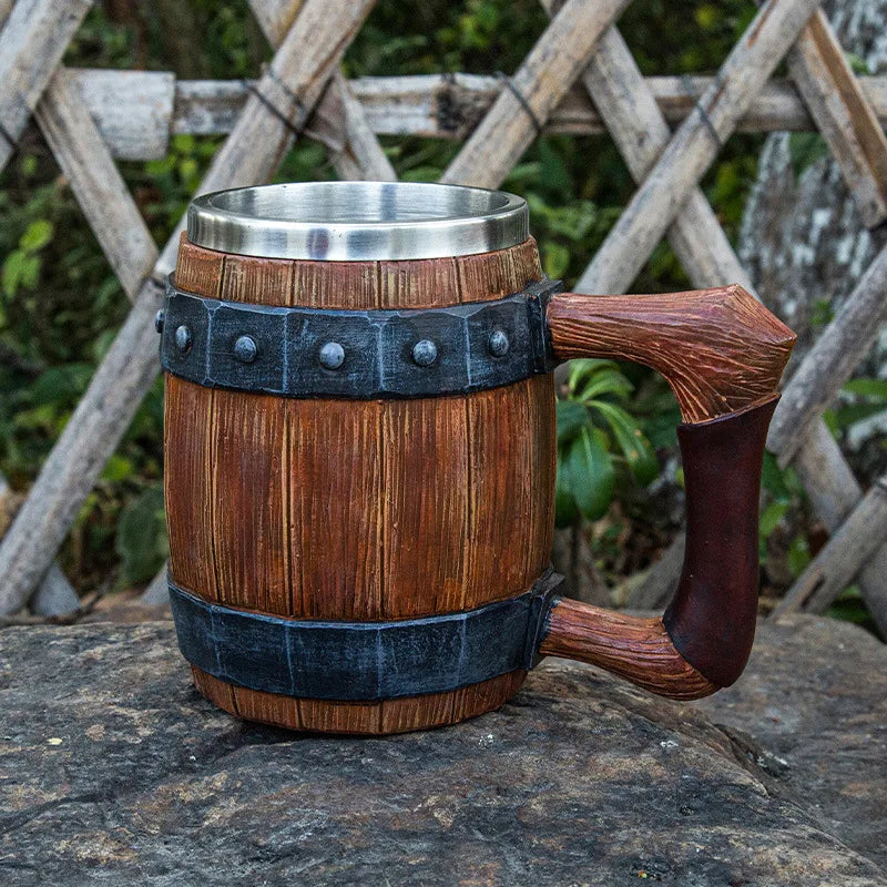 New Wooden Barrel Beer Cup Creative Large Capacity Bar Mug Water Cup Personalized Imitation Wood Stainless Steel Cup