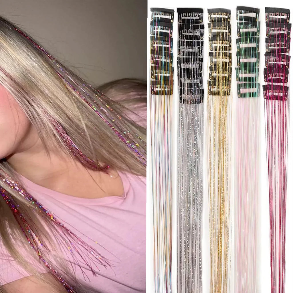 12Pcs Synthetic Hair Tinsel 20Inch Clip in Glitter  Tinsel Hair Clip in Hair Tinsel Kit Heat Resistant Shiny Sparkle Fairy Hair