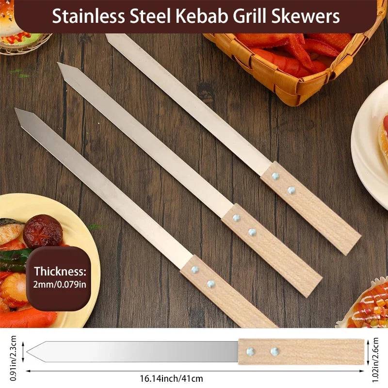 Kebab Skewers 2.3cm Flat Stainless Steel BBQ Barbecue Kebob Skewer Row Kebab Maker for Brazilian Koobideh Persian