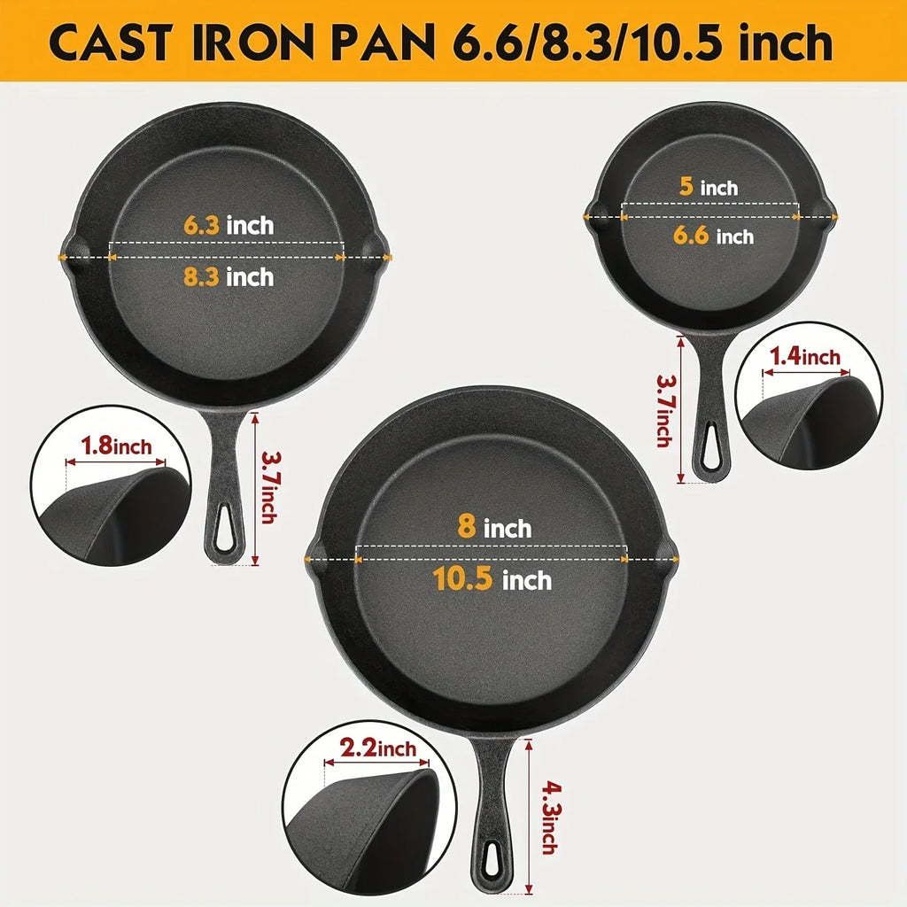 3-Piece Bare Cast Iron Skillet Set (6/8/10 Inches) | 100% Natural Seasoning, No Chemical Coatings | Clan Sand Cast.