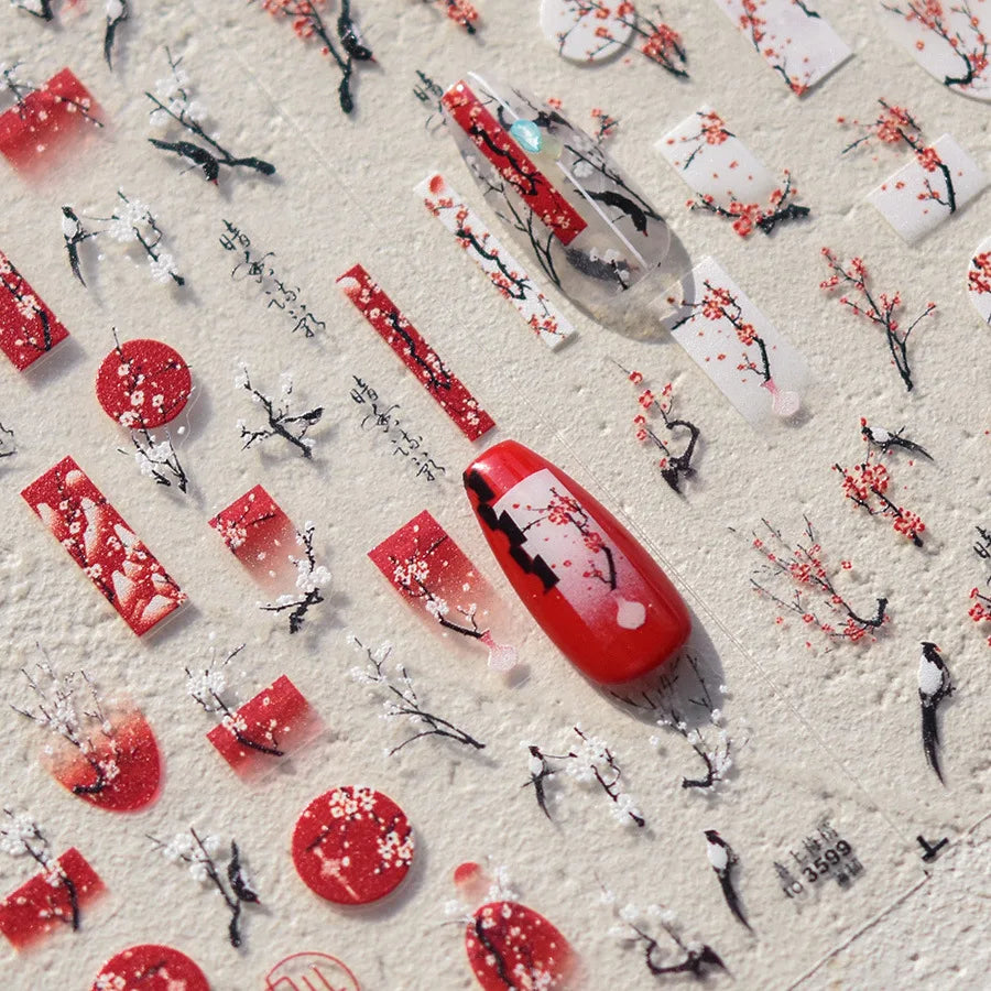 2pcs 5D Kawaii Plum Blossom Nail Stickers Fashion Chinese Flower Nail Art Decoration Self-Adhesive Decals DIY Slider Accessories