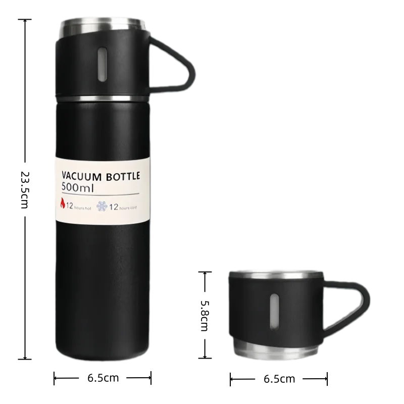Business Stainless Steel Vacuum Thermos 500ml, 3-Lid Gift Set , Double Wall Insulated for Office Travel Camping Hot Cold Drinks