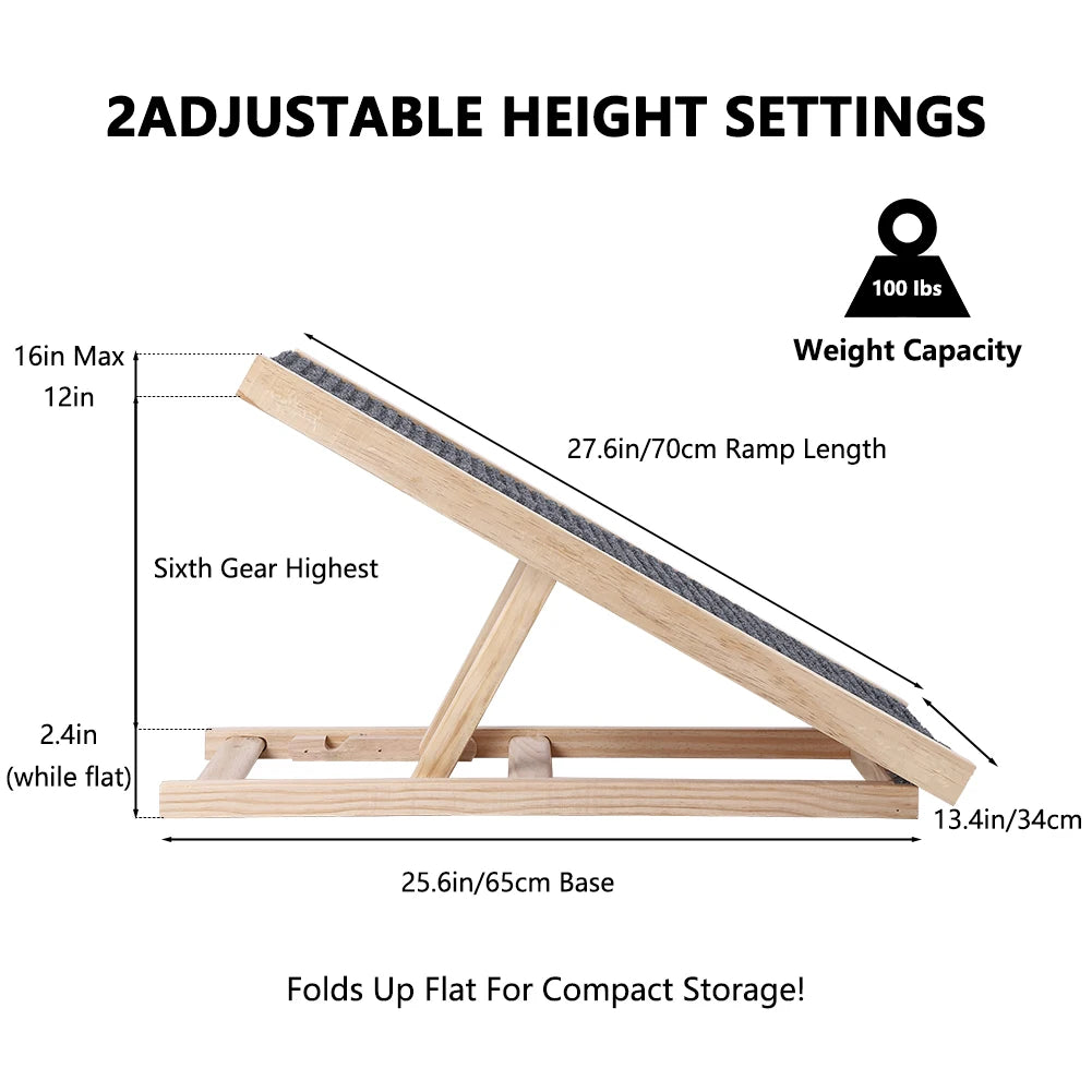 Pet Dog Ramp Ladder Natural Pine Wooden Lightweight Folding Anti-skid Adjustable 2 Height Climbing Ladder