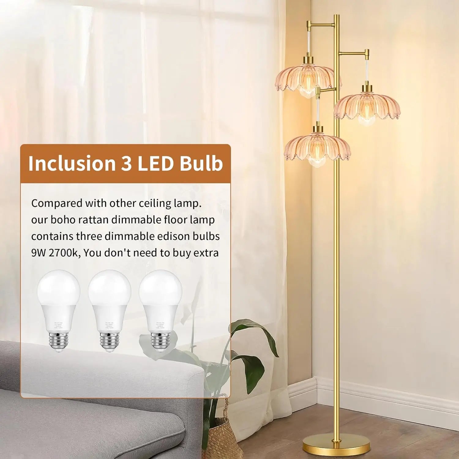 Gold Modern Floor Lamp with Tree Design, 3 Lights for Living Room Bedroom Vintage Farmhouse Style