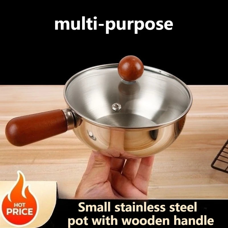 Stainless Steel Saucepan with Wood Handle, 14cm Mini Pot for Camping Dorm Kitchen, Portable Cookware