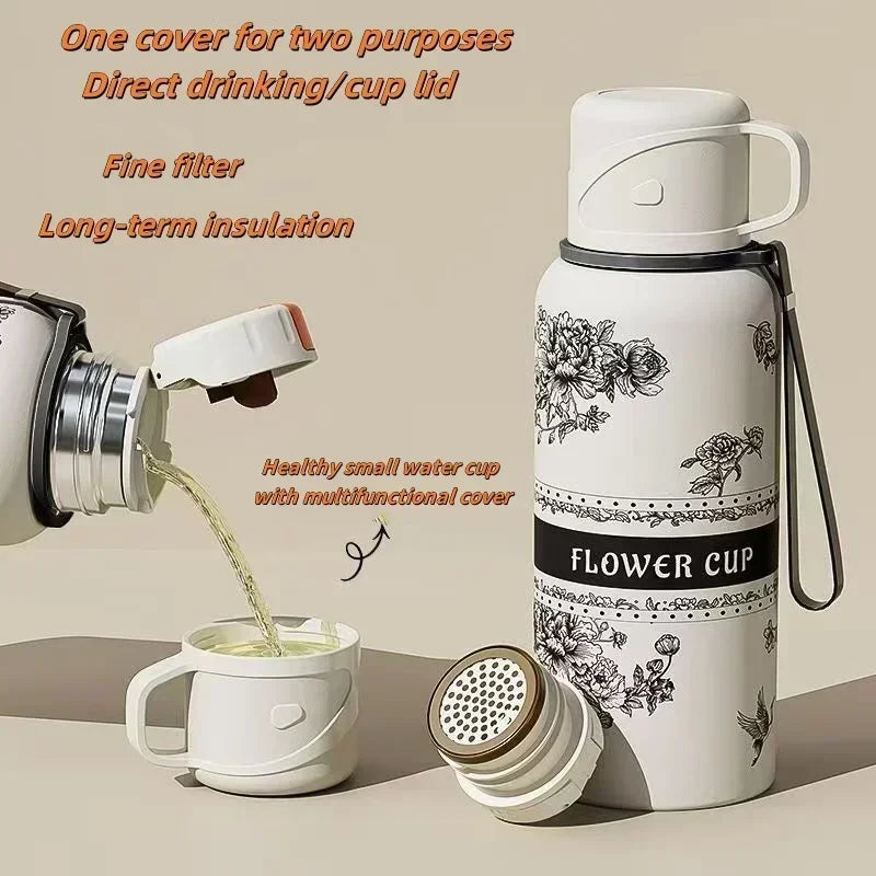 Portable Stainless Steel Gardenia Thermos Cup With Tea Drain Large-capacity Sport Kettle For Making Tea,Great For Outdoor Travel