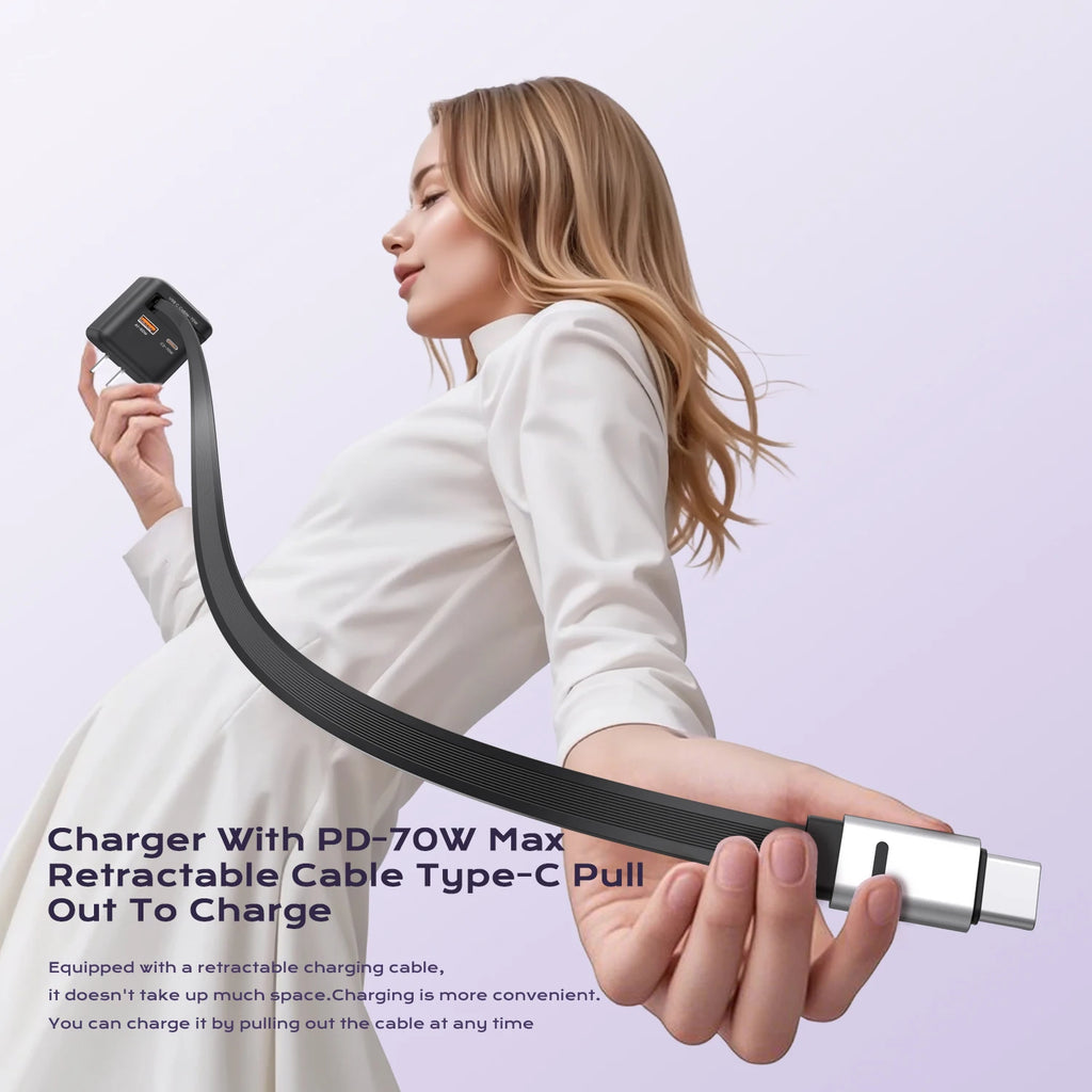 ASOMETECH 70W GaN Charger With Retractable Type C Cable 45W PD QC PPS Travel Charger for iPhone 16 Laptop Macbook Tablet Samsung