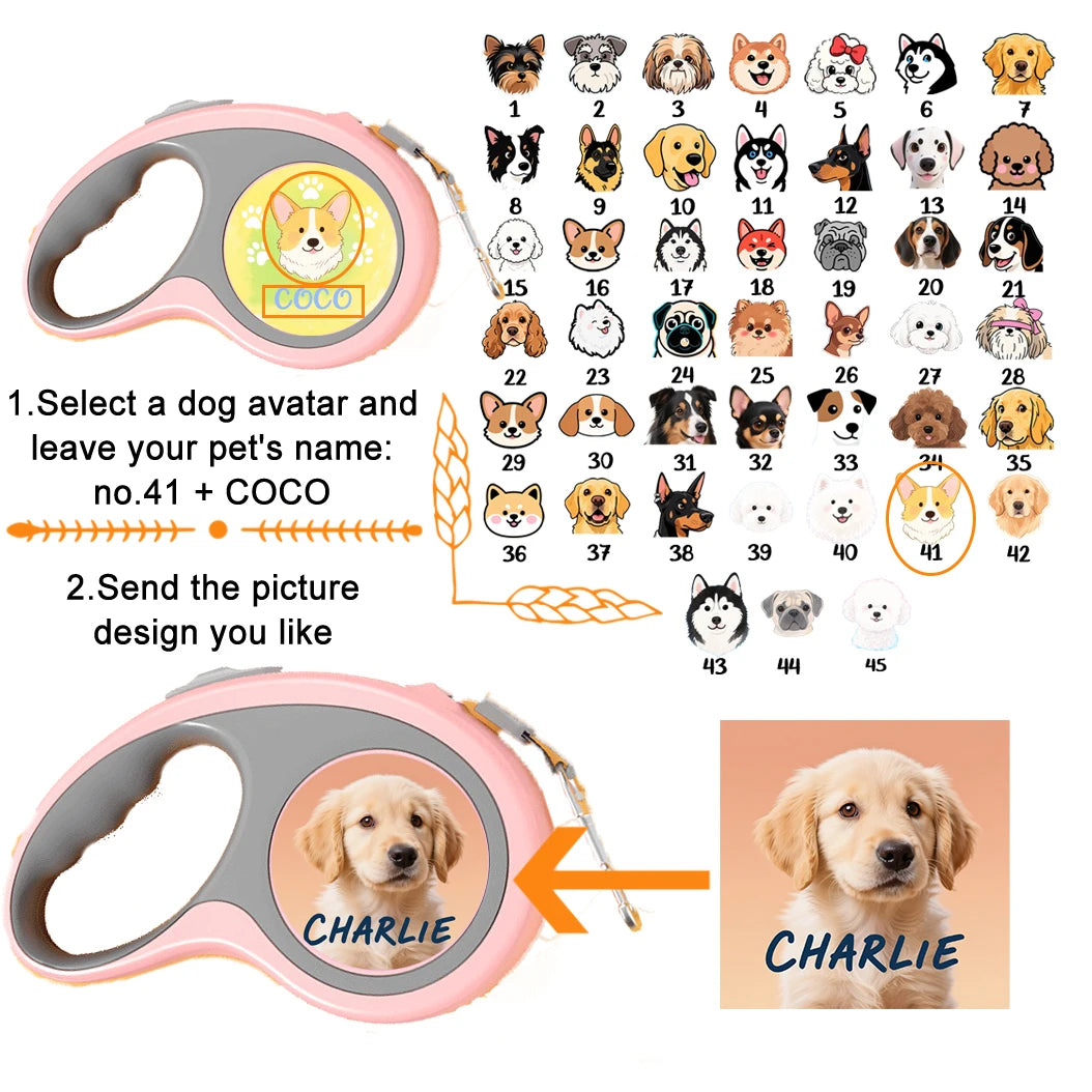 Custom Retractable Dog Leash with Personalized Avatar & Name Durable, Easy-to-Use Pet Walking Leash 3/5M Automatic Expandable