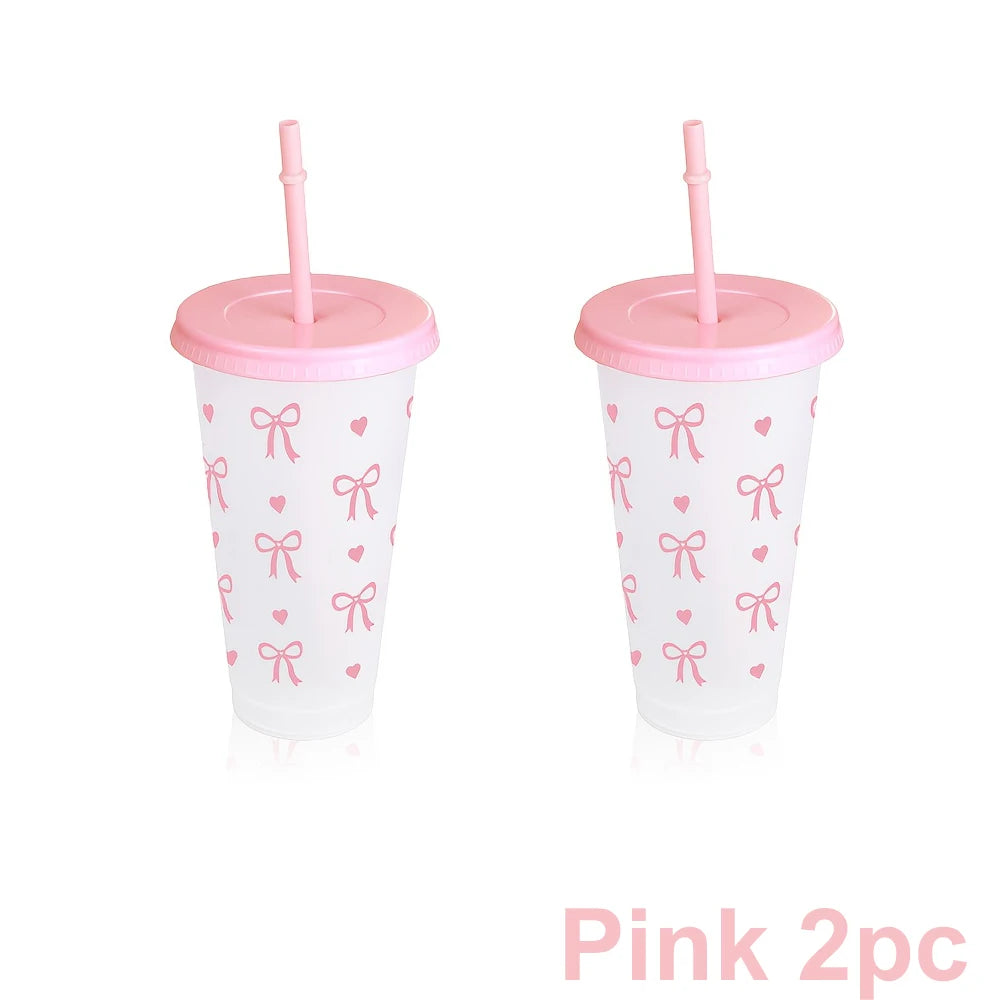 1/2/5pcs Kawaii Bow Reusable Party Cups with Straw & Lid Coffee Juice Tea Cute Tumbler With Straw Plastic Cups Summer Gifts
