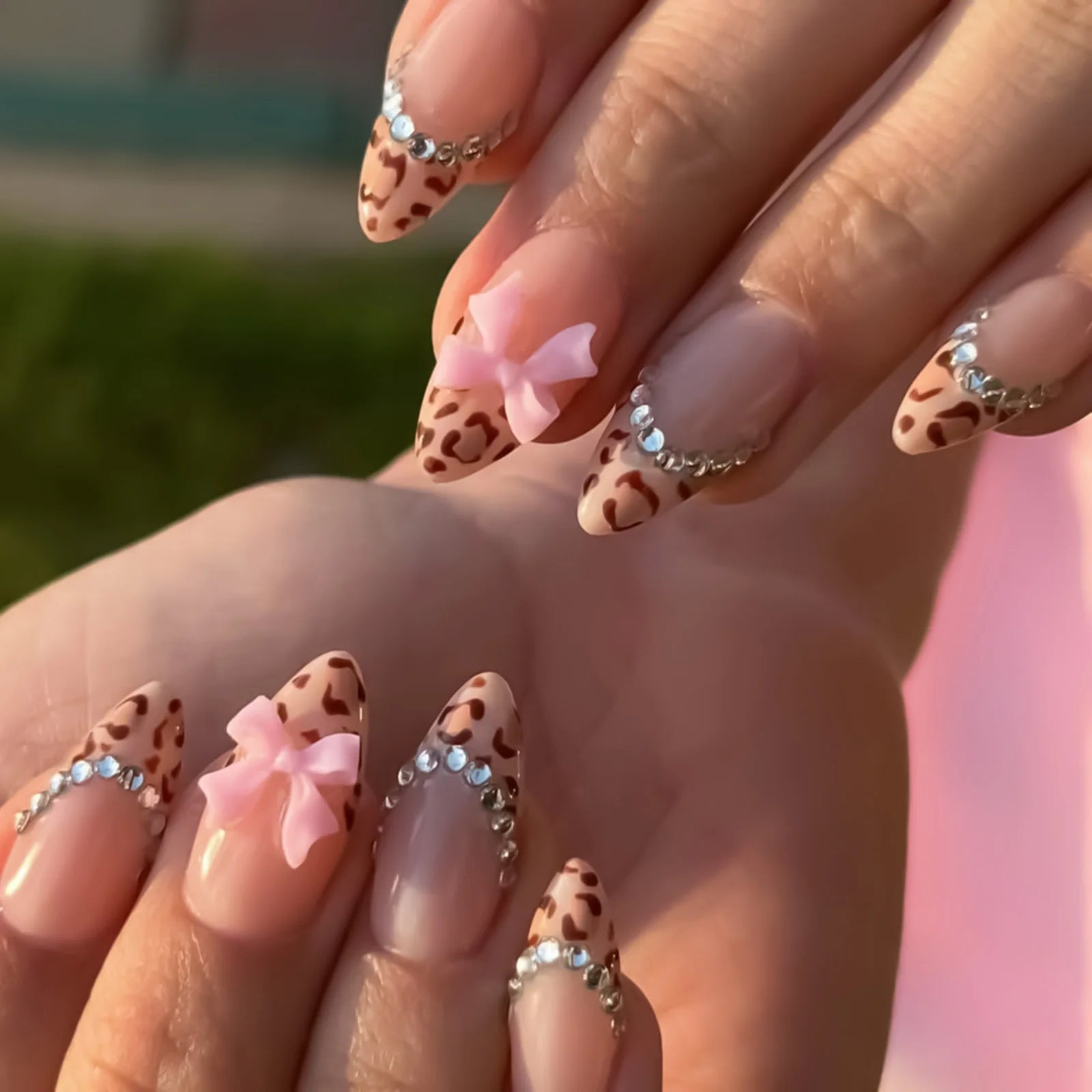 10Pcs Pink French Style Fake Nails 3D Bowknot Designs Short Square Press on Nails Sweet Korean Fashion False Nail for Women Girl