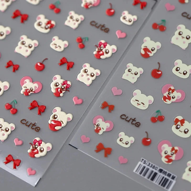 5D Embossed Reliefs Self Adhesive Nail Art Stickers Cute 3D Manicure Decals Wholesale Lovely Cartoon Red Cherry Bowknot Hamster