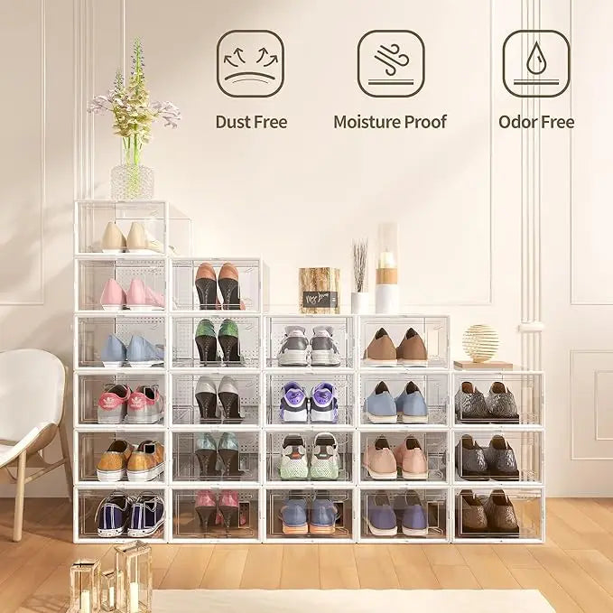 6/12 thick transparent shoe boxes with lids, shoe storage and organizing boxes, foldable and stackable shoe racks, space saving