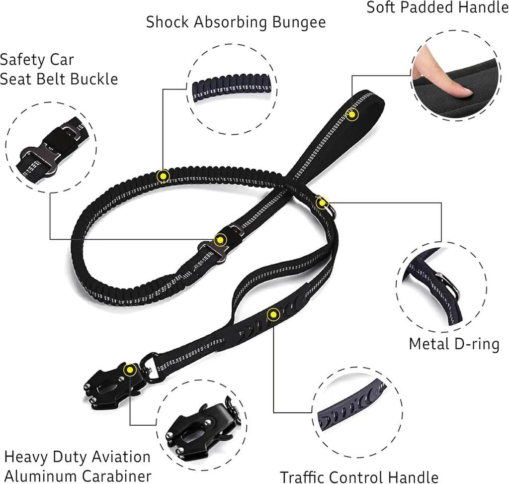 Reflective Shock Absorbing Pet Leashes with Car Seatbelt for Large Dogs Heavy Duty Tactical Bungee Dog Leash No Pull Dog Leash