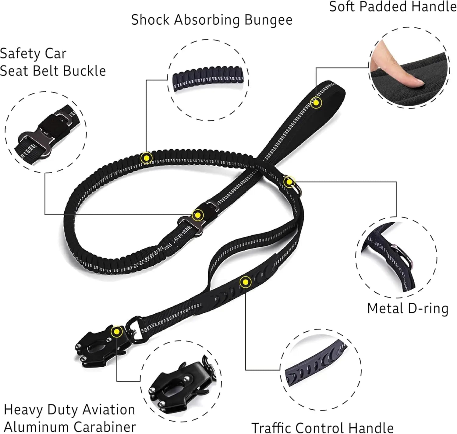 Reflective Shock Absorbing Pet Leashes with Car Seatbelt for Large Dogs Heavy Duty Tactical Bungee Dog Leash No Pull Dog Leash