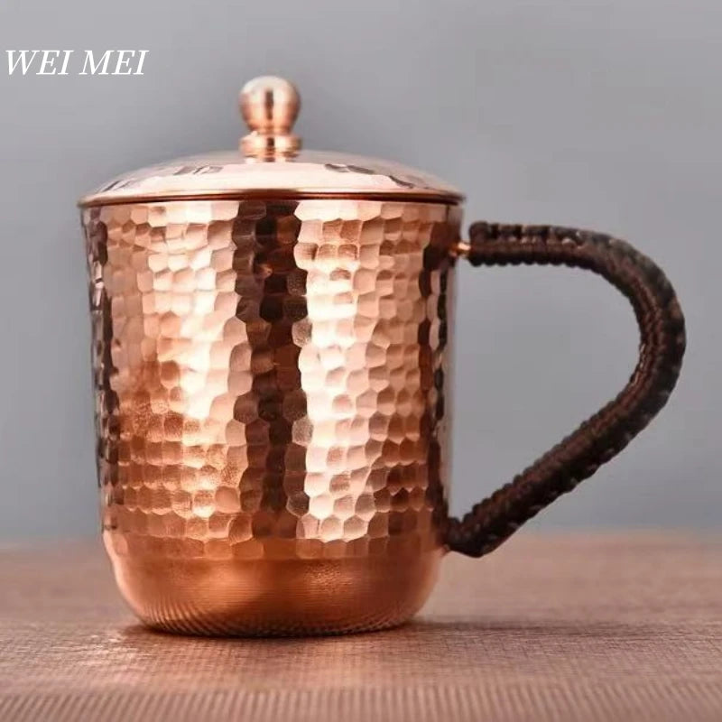 Handcrafted Vintage Pure Copper Coffee Cup,With lid Juice Breakfast Mug,Woven Handle Hammer Texture Home 550ml Tea Cup Tableware