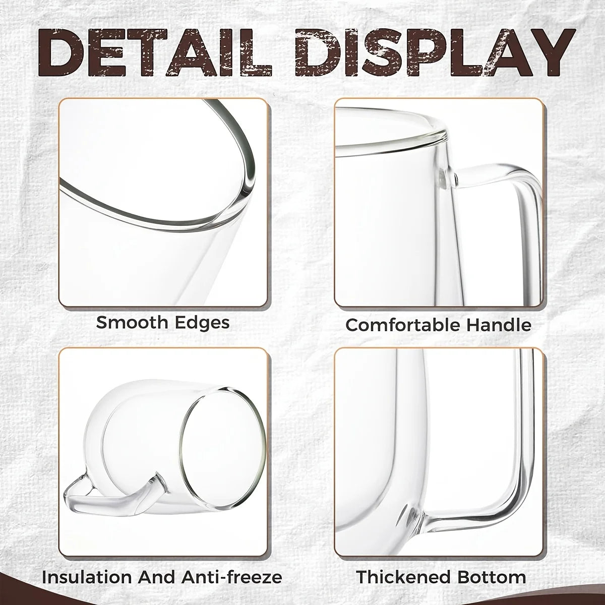 2 Pack Glass Coffee Mugs - Double Wall Insulated Mug Set with Handle, Tea Latte Cappuccino Cup for Latte, Macchiato, Americano
