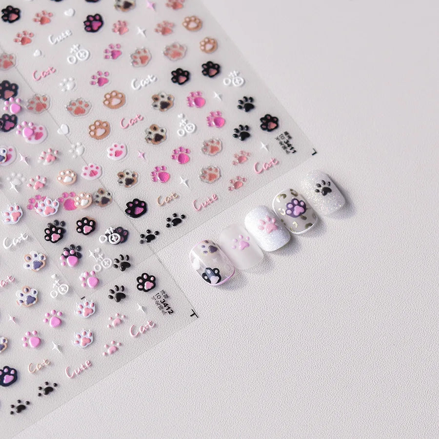 1pc 5D Cute Jelly Pink Cat Paw Print Nail Sticker Lovely Kitty Puppy Dog Cartoon Embossed Relief Nail Art Sticker Manicure Decal
