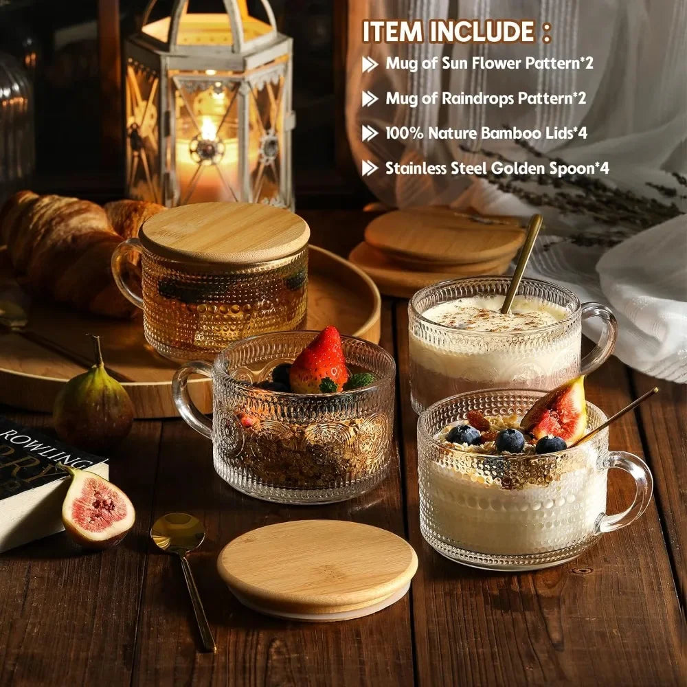 4pcs/Set Vintage Coffee Mugs Containers with Bamboo Lids and Spoons 14oz Clear Embossed Glass Cups for Birthday Christmas Party
