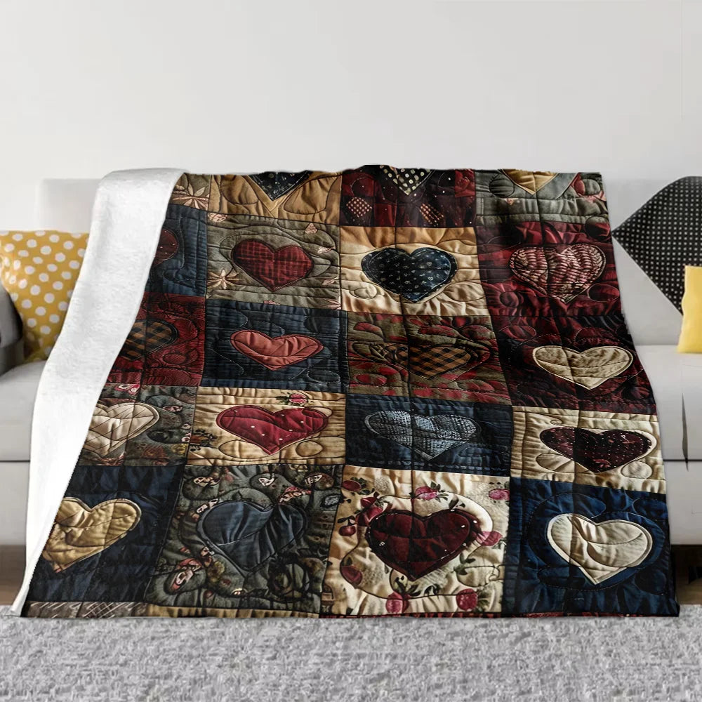 Ultra-Soft Flannel Heart-Print Blanket - Lightweight and portable for year-round travel, camping, or office use. Patchwork quilt