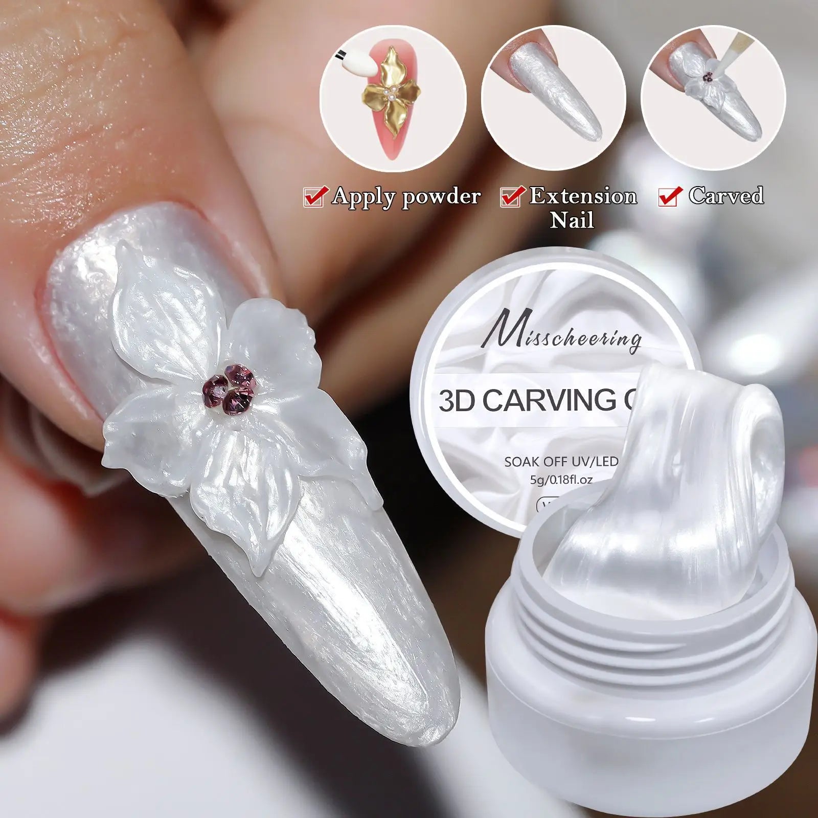 3D Nail Art Gel White Pearl Solid  for Carving Patterns Decoration Nail Art Home Manicure DIY for Women White Sculpture