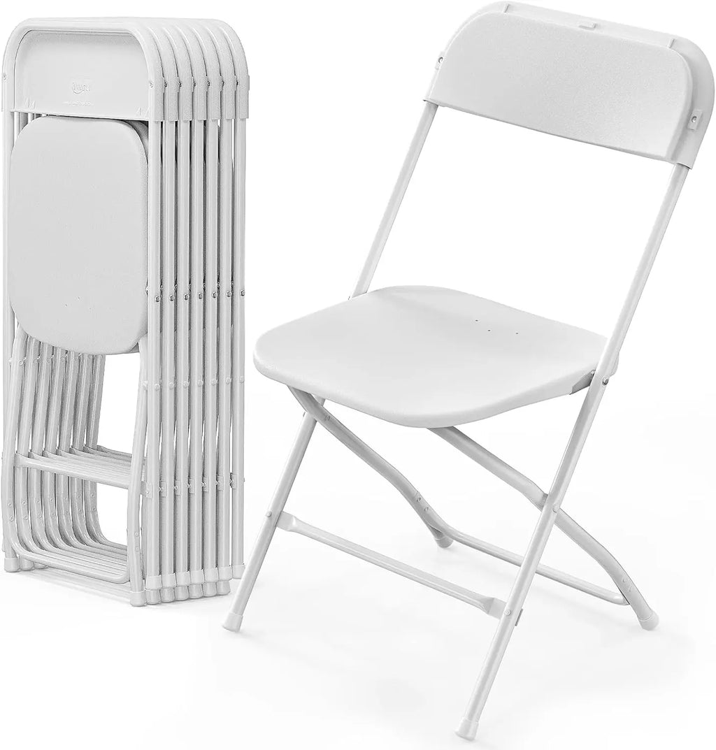 8 Pack White Plastic Folding Chair, Indoor Outdoor Portable Stackable Commercial Seat with Steel Frame 350lb.