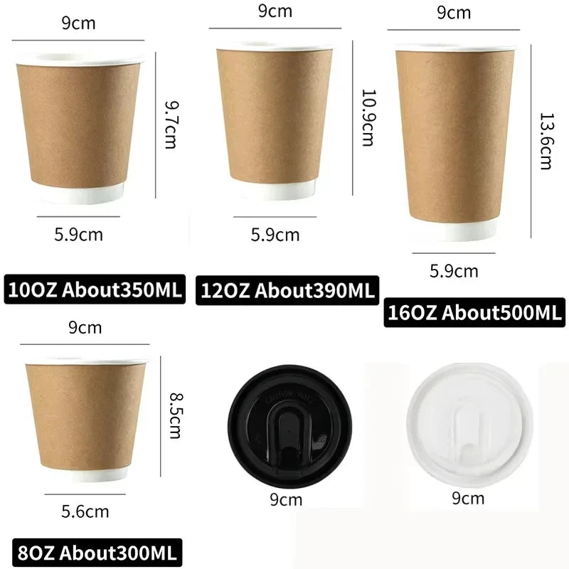 8/10/12/16oz Disposable Kraft Paper Coffee Cup With Lid Hot Cold Beverage Party Accessorie Insulation Takeaway Double-Layer