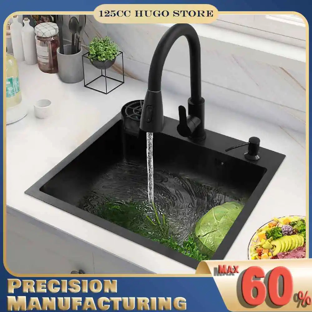 Kitchen Sink w/ Pull-Out Faucet & Drain Basket,  50*45cm Black Stainless Steel Single Bowl Sink Kit