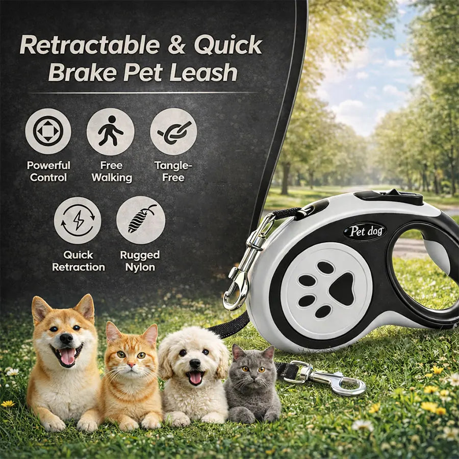 Retractable Dog Leash with 360° Tangle-Free Design, 16 ft Durable Nylon Tape, One-Handed Brake, Pause & Lock, Black
