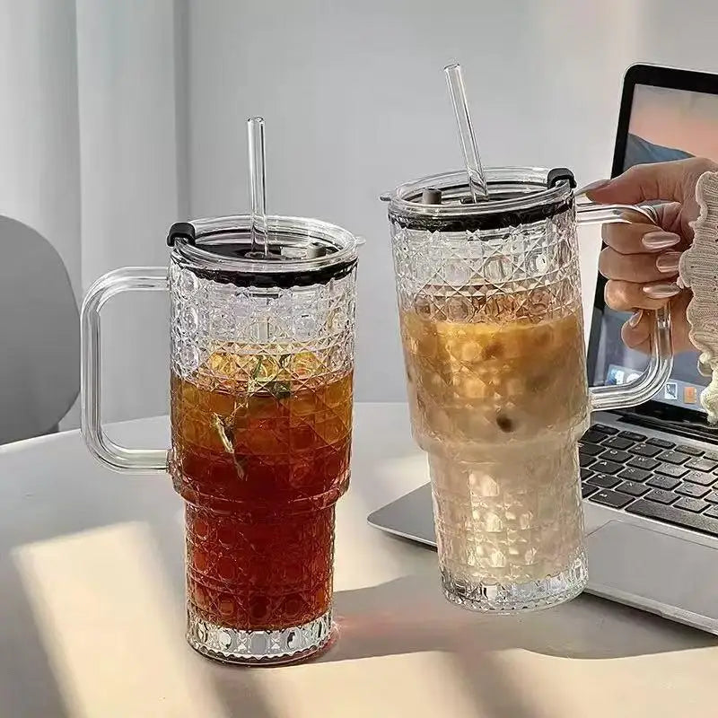 16 Oz Glass Tumbler Cup With Handle,Iced Coffee Cup For Cold/Hot Drinks, Modern Coffee Mug Mason Jar For Smoothies,Juice,Coffee