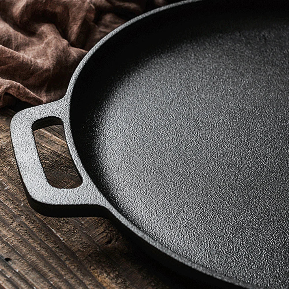 Cast Iron Round Griddle For Crepes And Pizza with Dual Handles Non-Stick BBQ Camping Fry Pan Pancake Pizza Pan Cookware Fry Pan
